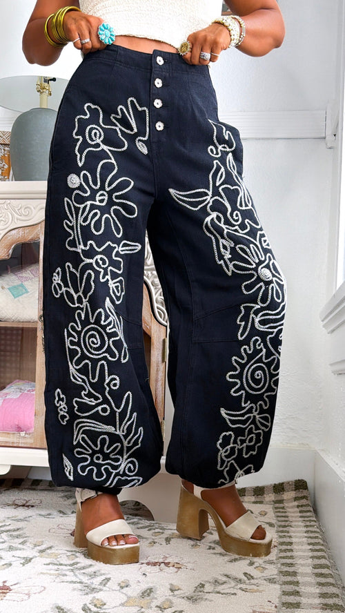 For The Love Of Floral Embroidered Denim Jogger, Black