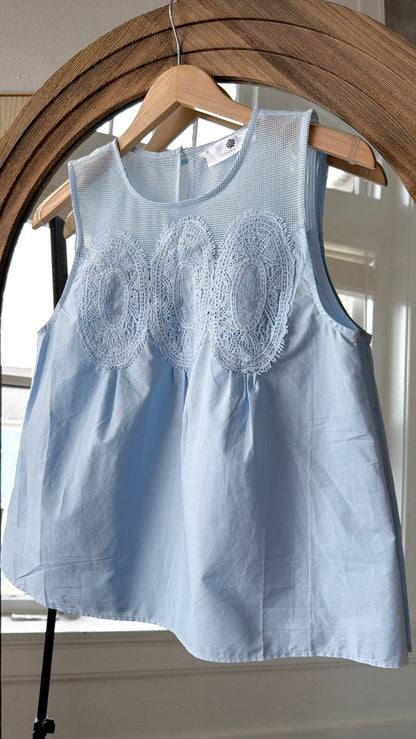 Contrasted Mesh Trimmed Top, Baby Blue