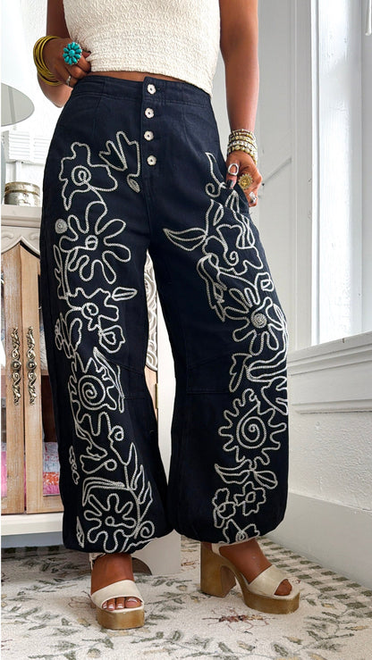 For The Love Of Floral Embroidered Denim Jogger, Black