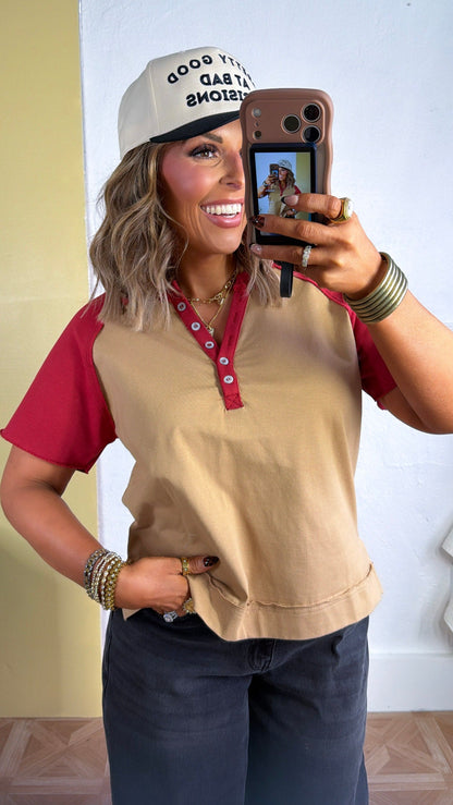 Edge Detail Colorblock Top, Mocha/Red