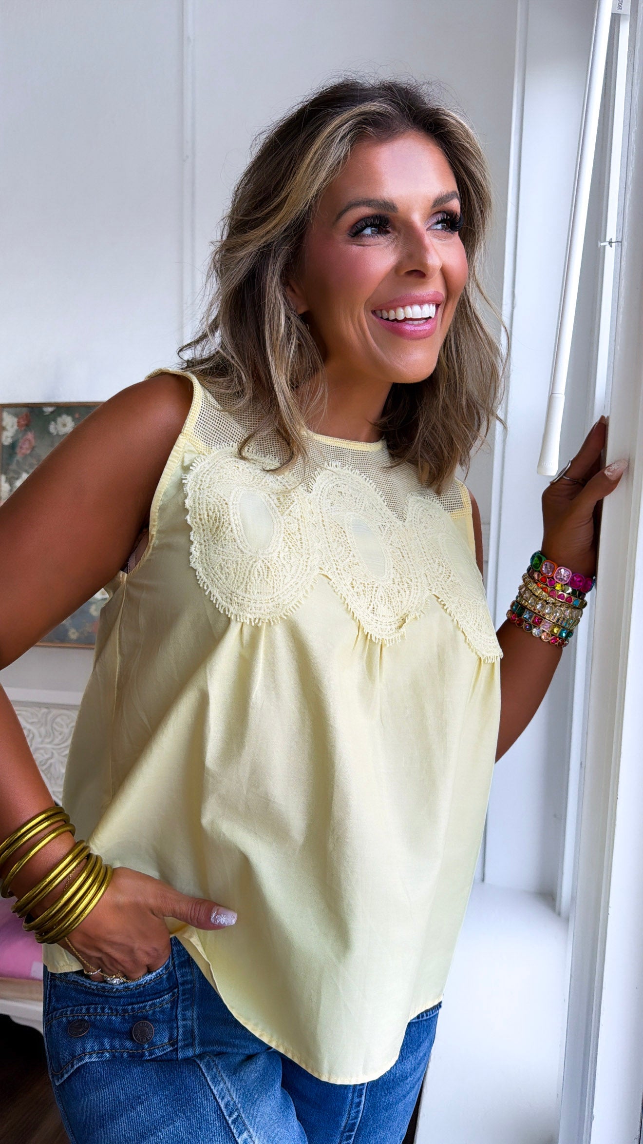 Contrasted Mesh Trimmed Top, Yellow