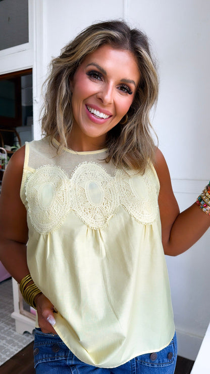 Contrasted Mesh Trimmed Top, Yellow