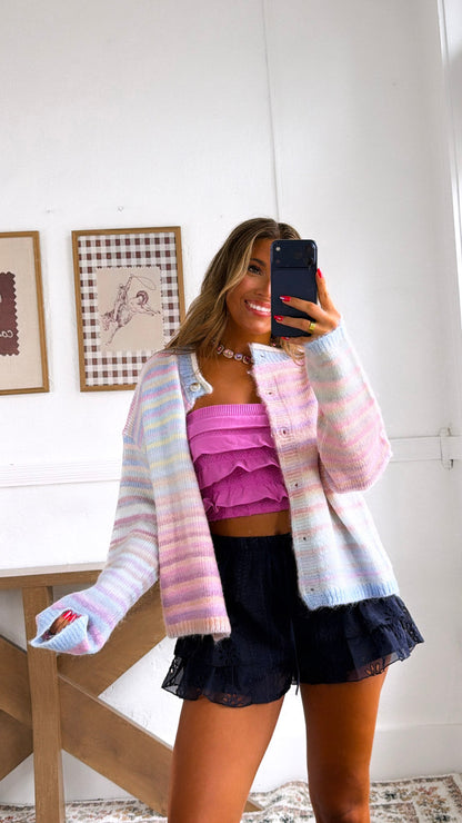 Color Field Rainbow Stripe Cardigan, Bubblegum/ Mint
