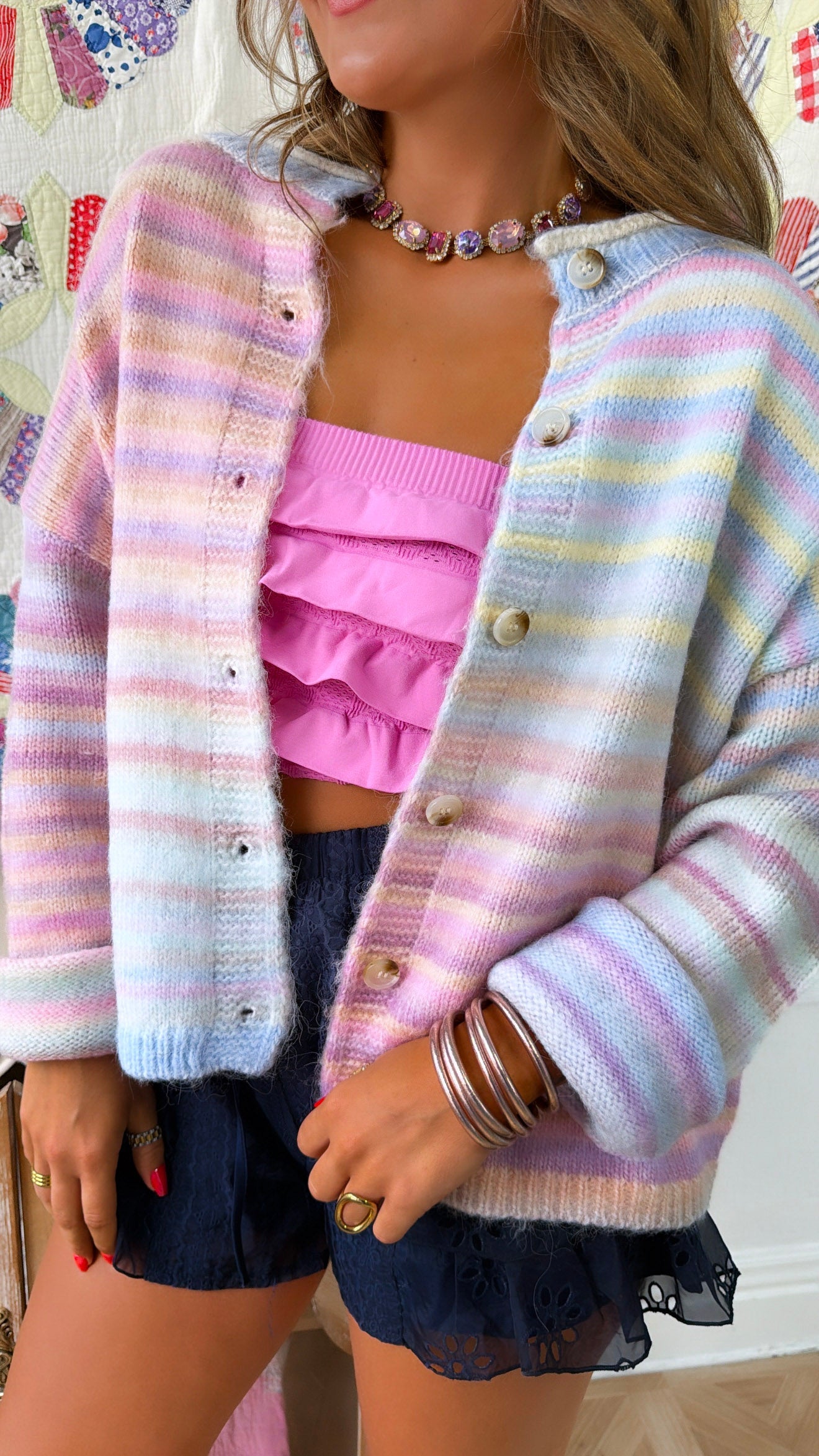 Color Field Rainbow Stripe Cardigan, Bubblegum/ Mint