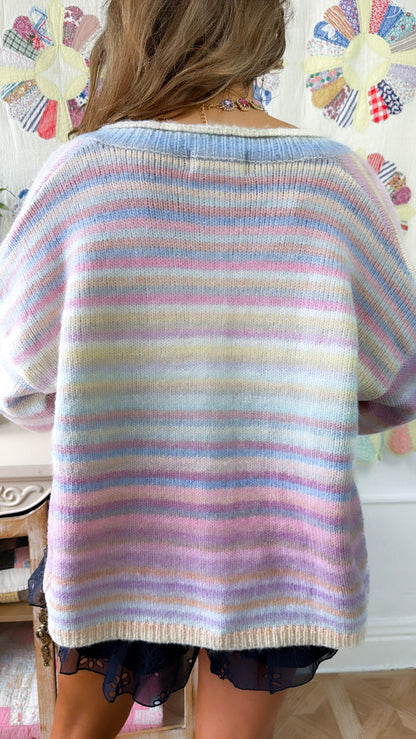 Color Field Rainbow Stripe Cardigan, Bubblegum/ Mint