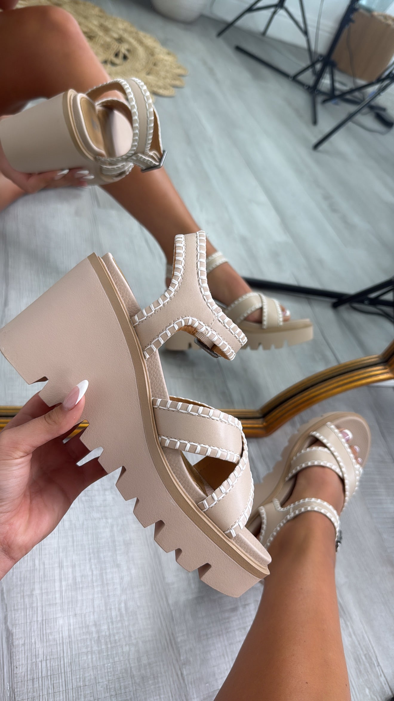 Embroidered Ankle Strap Wedge Sandal, Nude