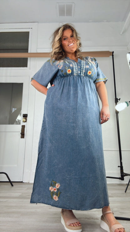 Chambray Stitch & Bloom Embroidered Maxi Dress, Denim
