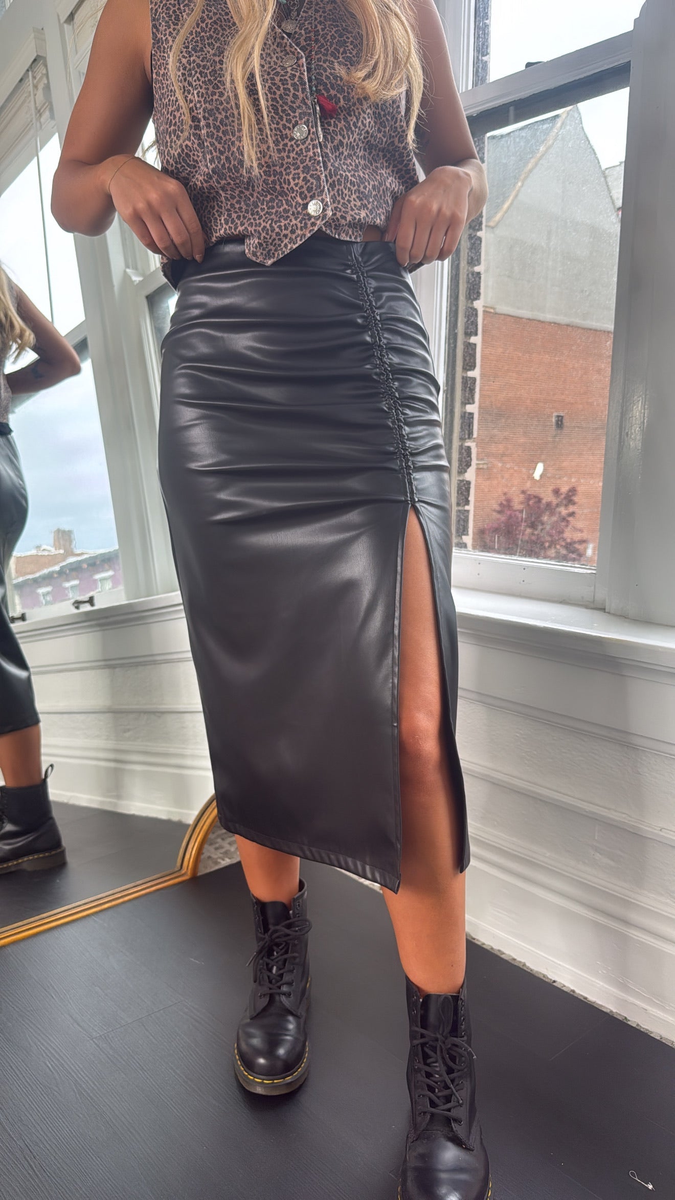 Fancy That Faux Leather Ruched Midi Skirt, Black