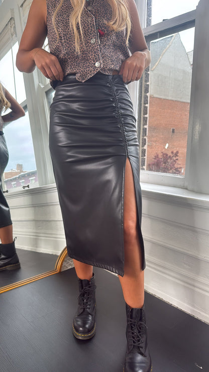 Fancy That Faux Leather Ruched Midi Skirt, Black