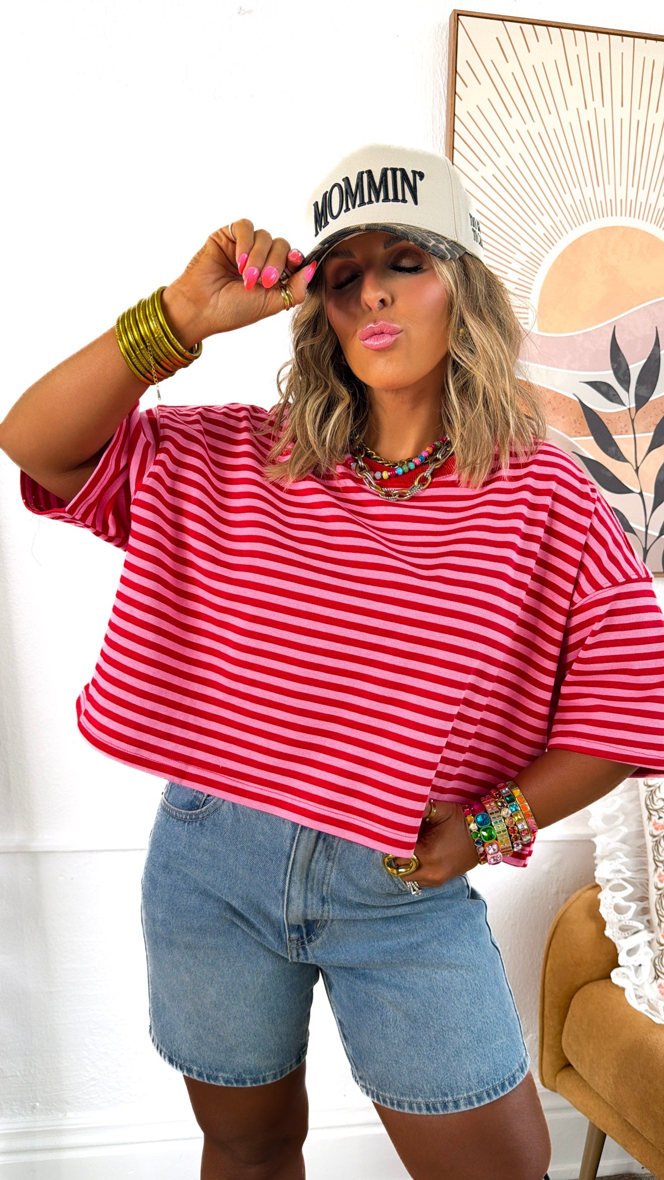Clean Line Stripe Top, Red/Pink
