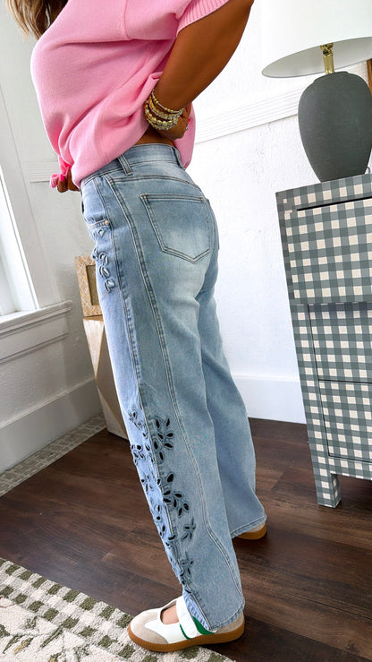 Eyelet Floral Detail Barrel Jeans, Light Denim