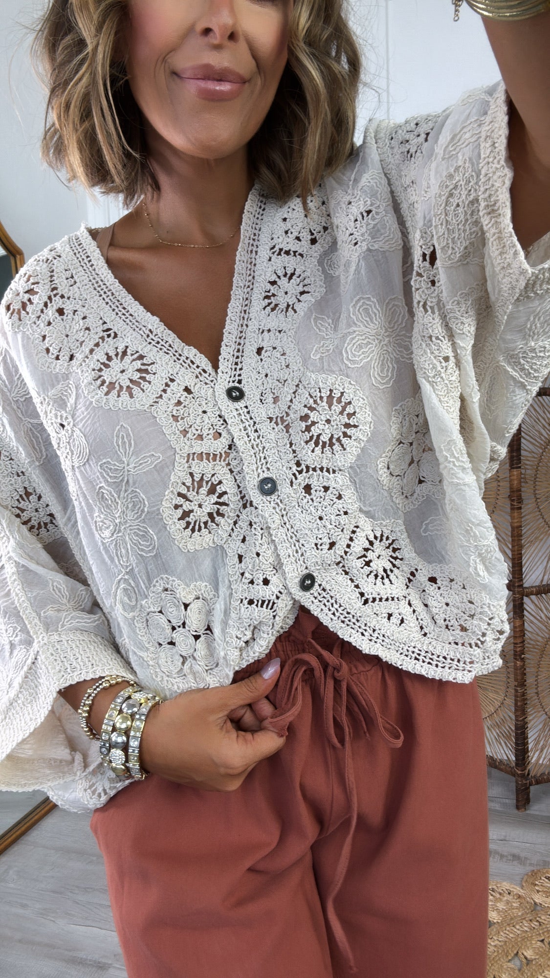 Chloe Woven Embroidered Top, Natural