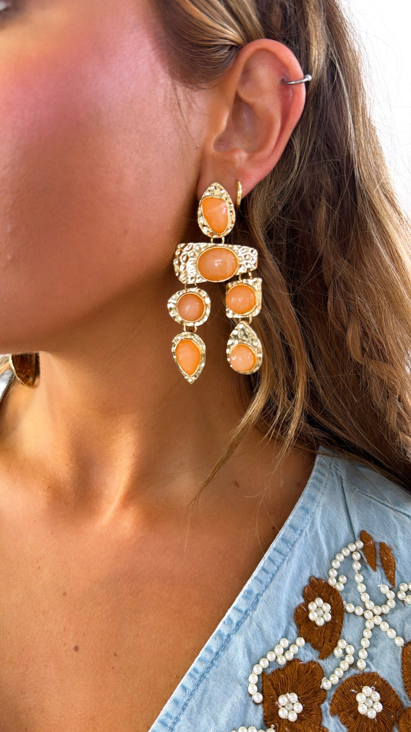 Boho Style Dangle Earring, Peach/ Gold
