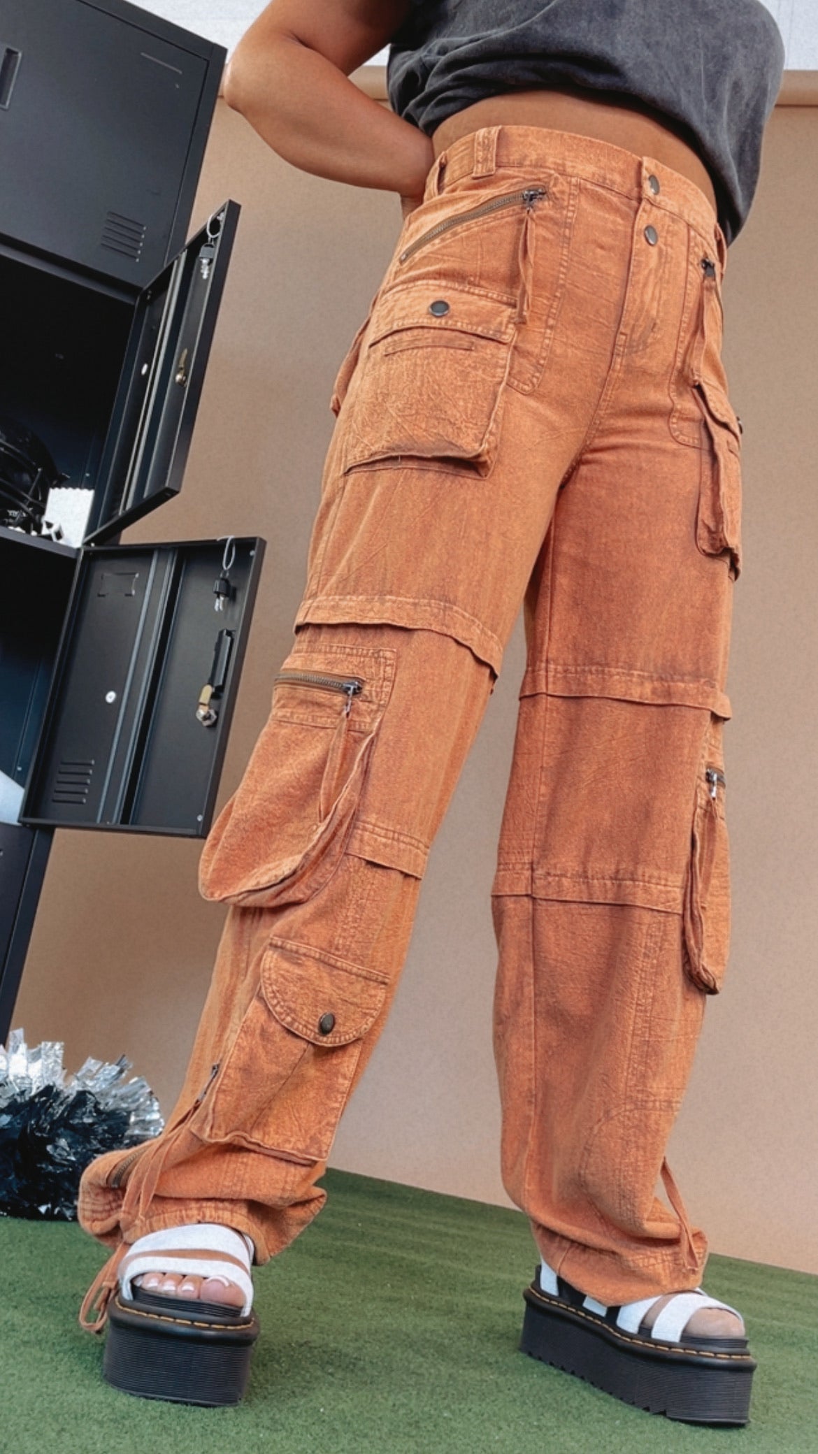 Mineral Washed Cargo Pants, Rust Orange