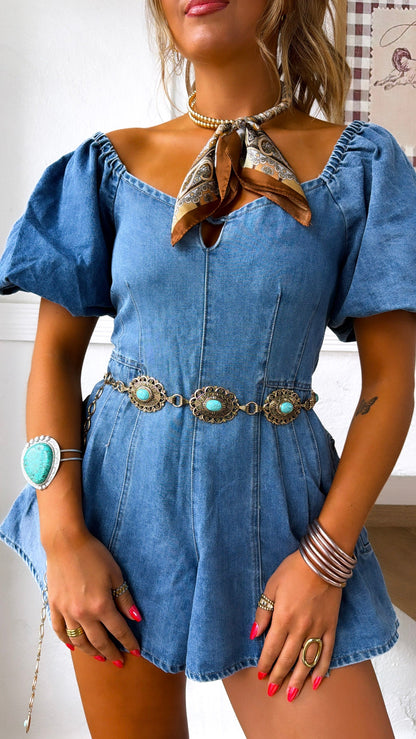 Ocean Pearl Bubble Denim Romper, Denim