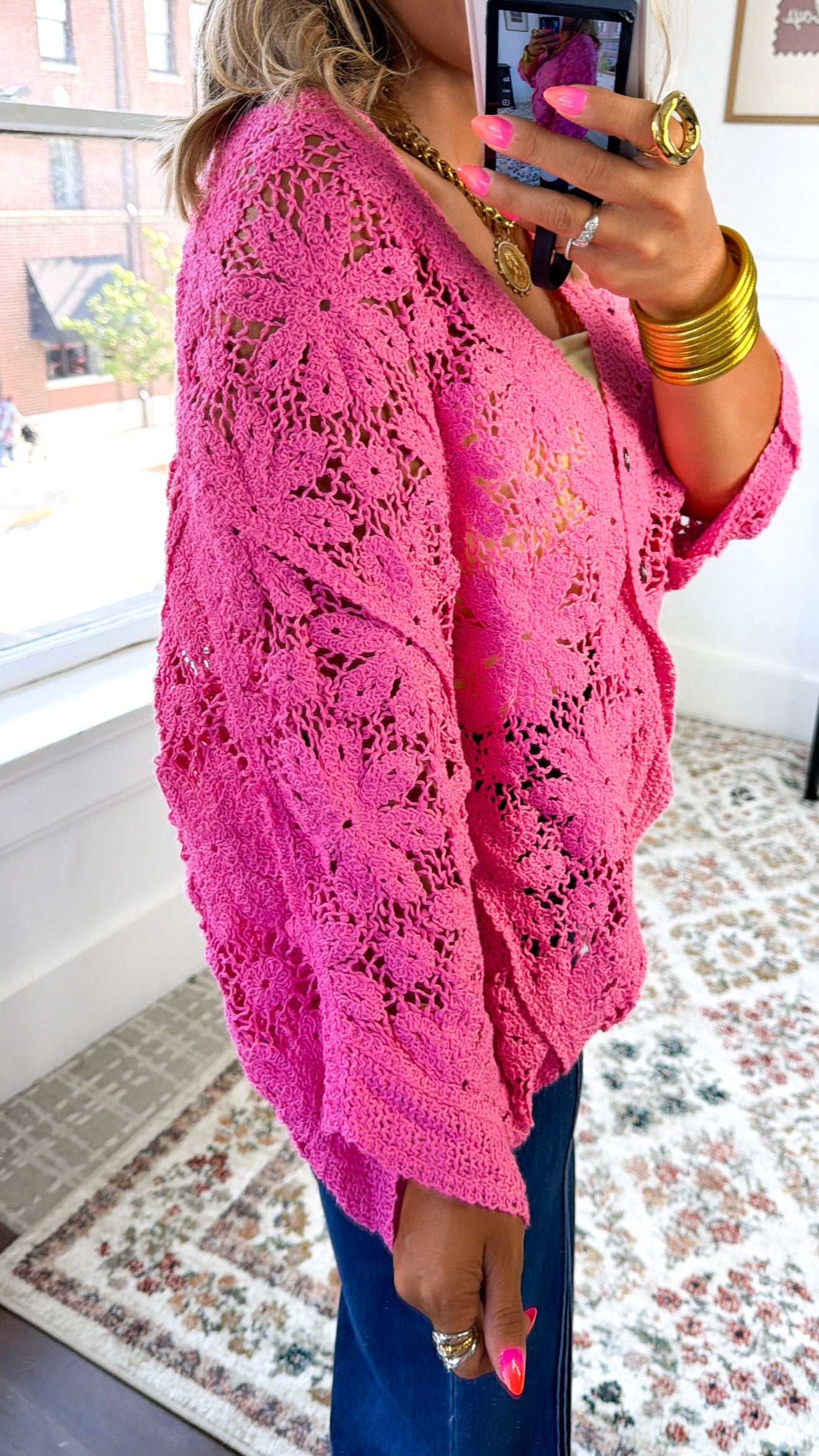 Black Bird Crochet Top, Bubble Gum