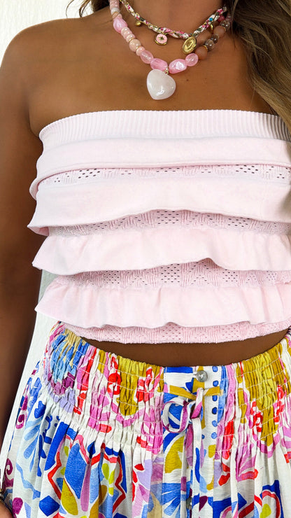 Layered Ruffled Tube Top, Icy Pink