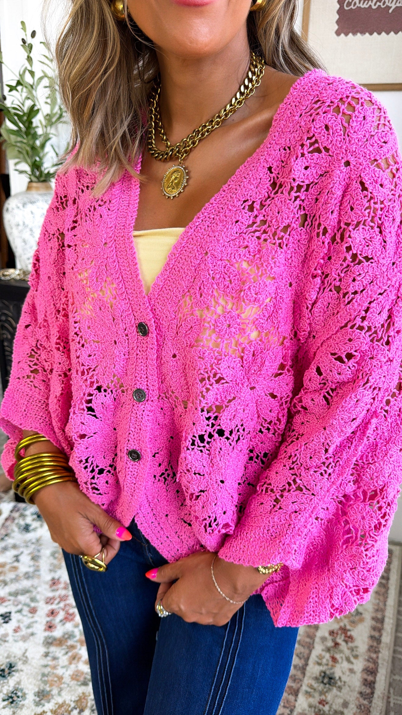 Black Bird Crochet Top, Bubble Gum