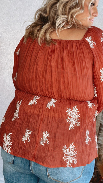 All About Details Embroidered Smocked Blouse, Rust
