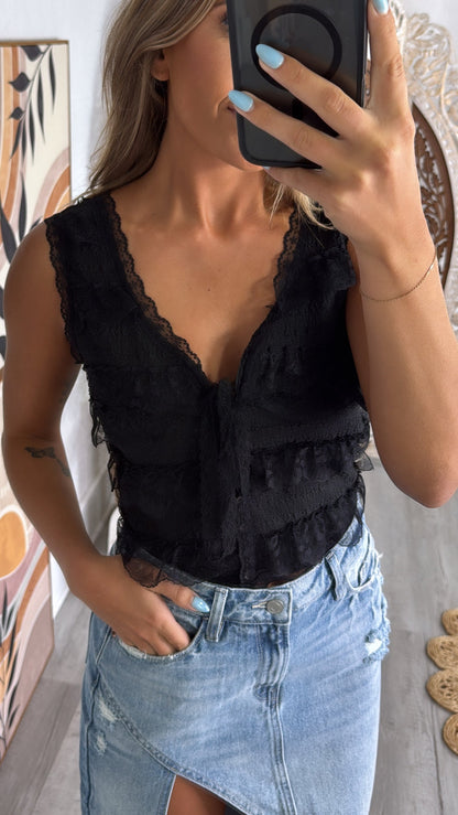 Bliss Beauty V Neck Ruffle Sleeve Top, Black