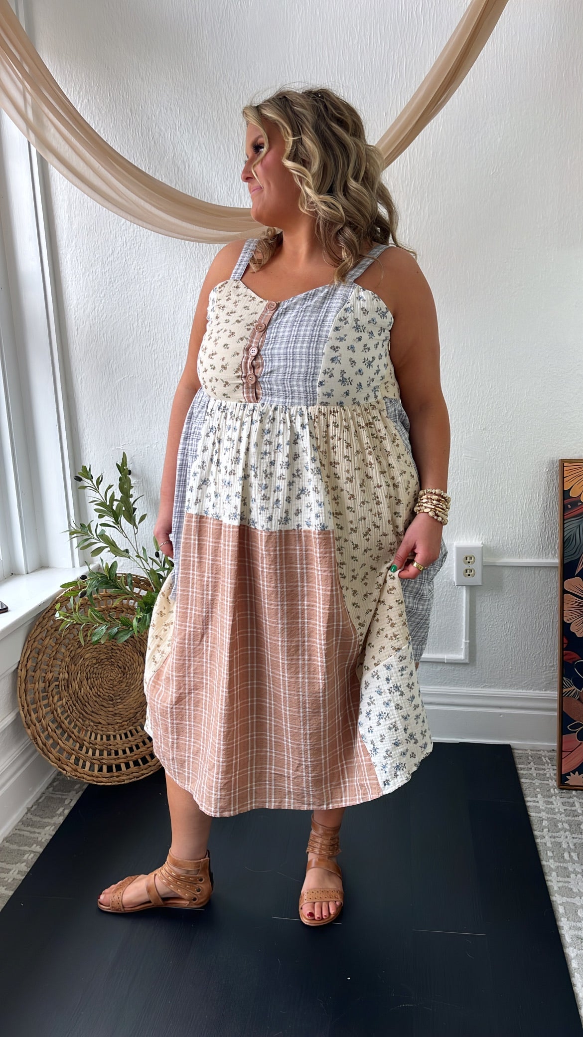 Patchwork Blooms Midi Dress, Ivory