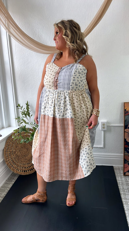 Patchwork Blooms Midi Dress, Ivory