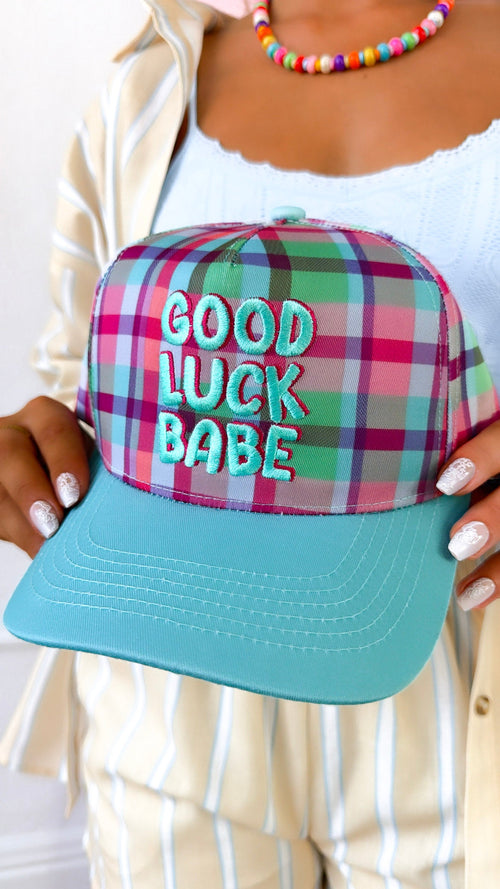 Good Luck Babe Canvas Plaid Trucker Hat