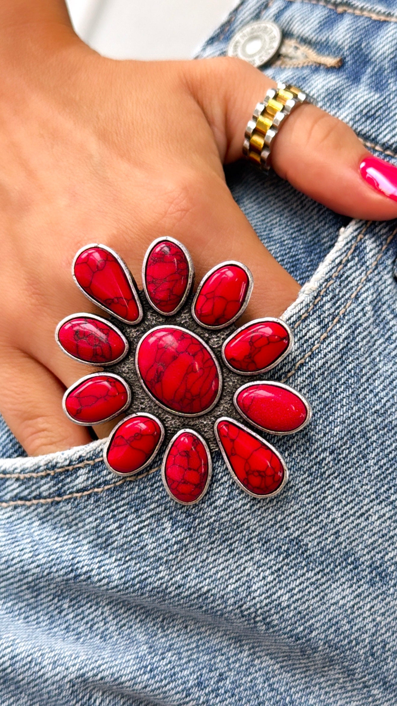 Metal Flower Ring, Red
