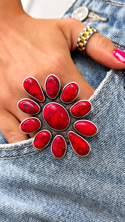 Metal Flower Ring, Red