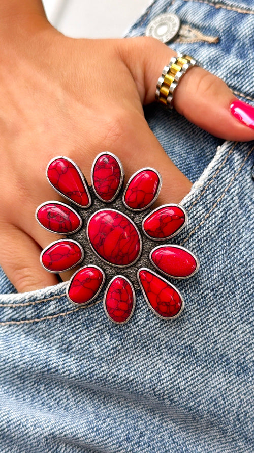 Metal Flower Ring, Red