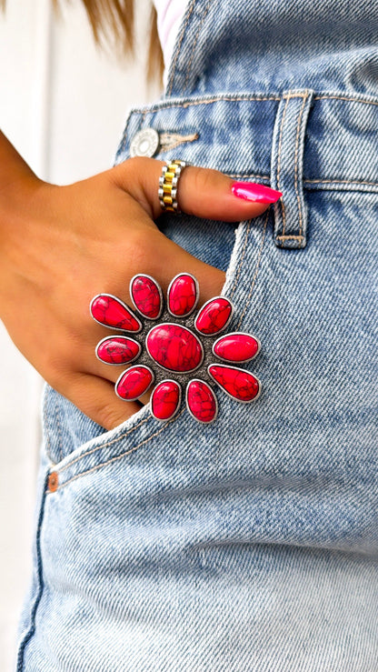 Metal Flower Ring, Red