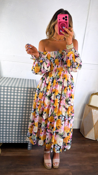 Havana Bloom Smocked Dress, Black Multi