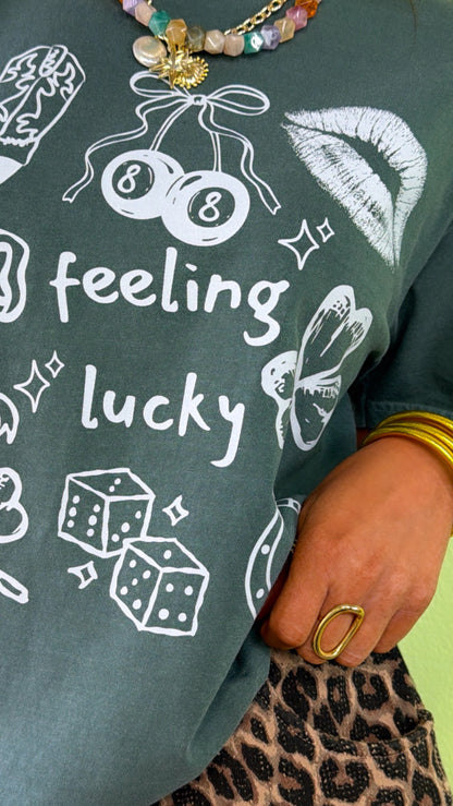 Feeling Lucky Patchwork Graphic Tee, Washed Green