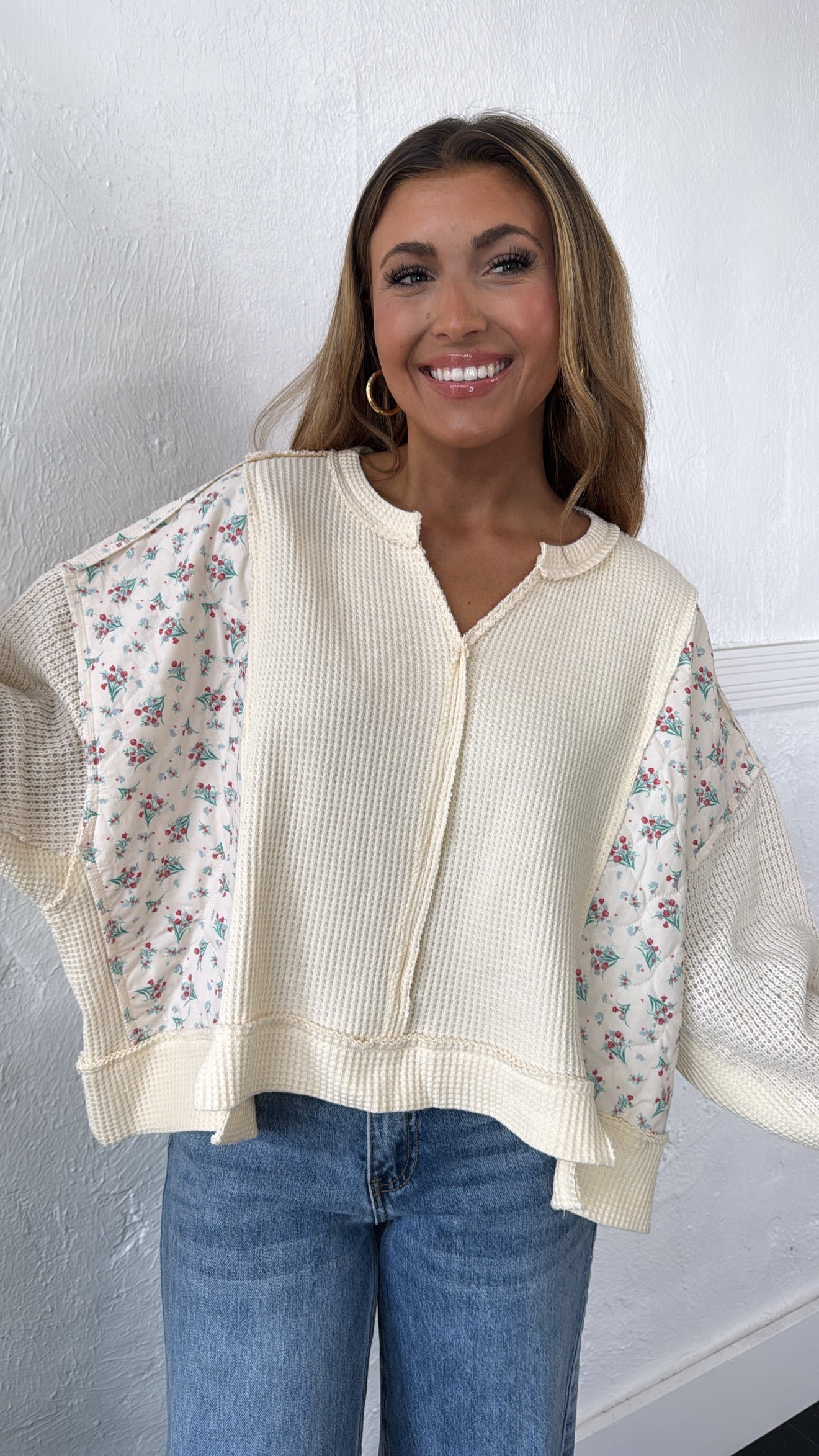 POL Floral Sleeve Sweater, Cream