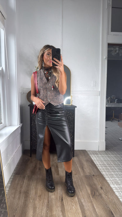 Fancy That Faux Leather Ruched Midi Skirt, Black