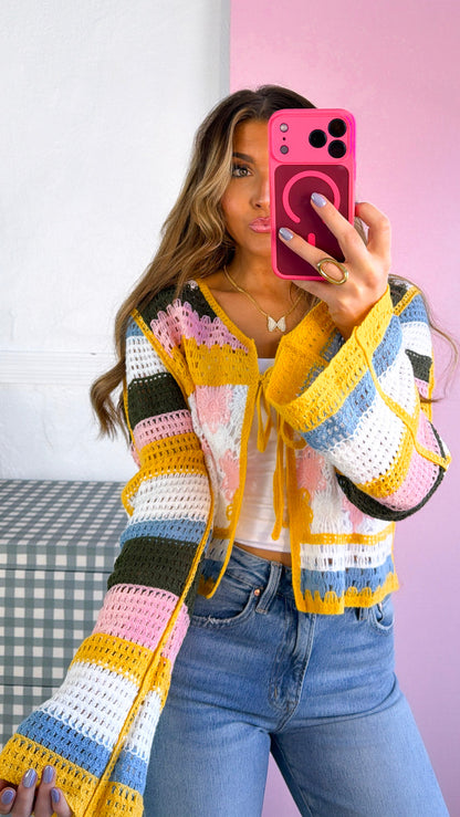 Ocean Stitch Knit Cardigan, Yellow Multi
