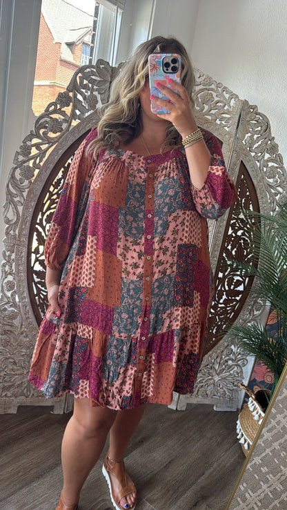 Boho Chic Long Sleeve Patchwork Mini Dress