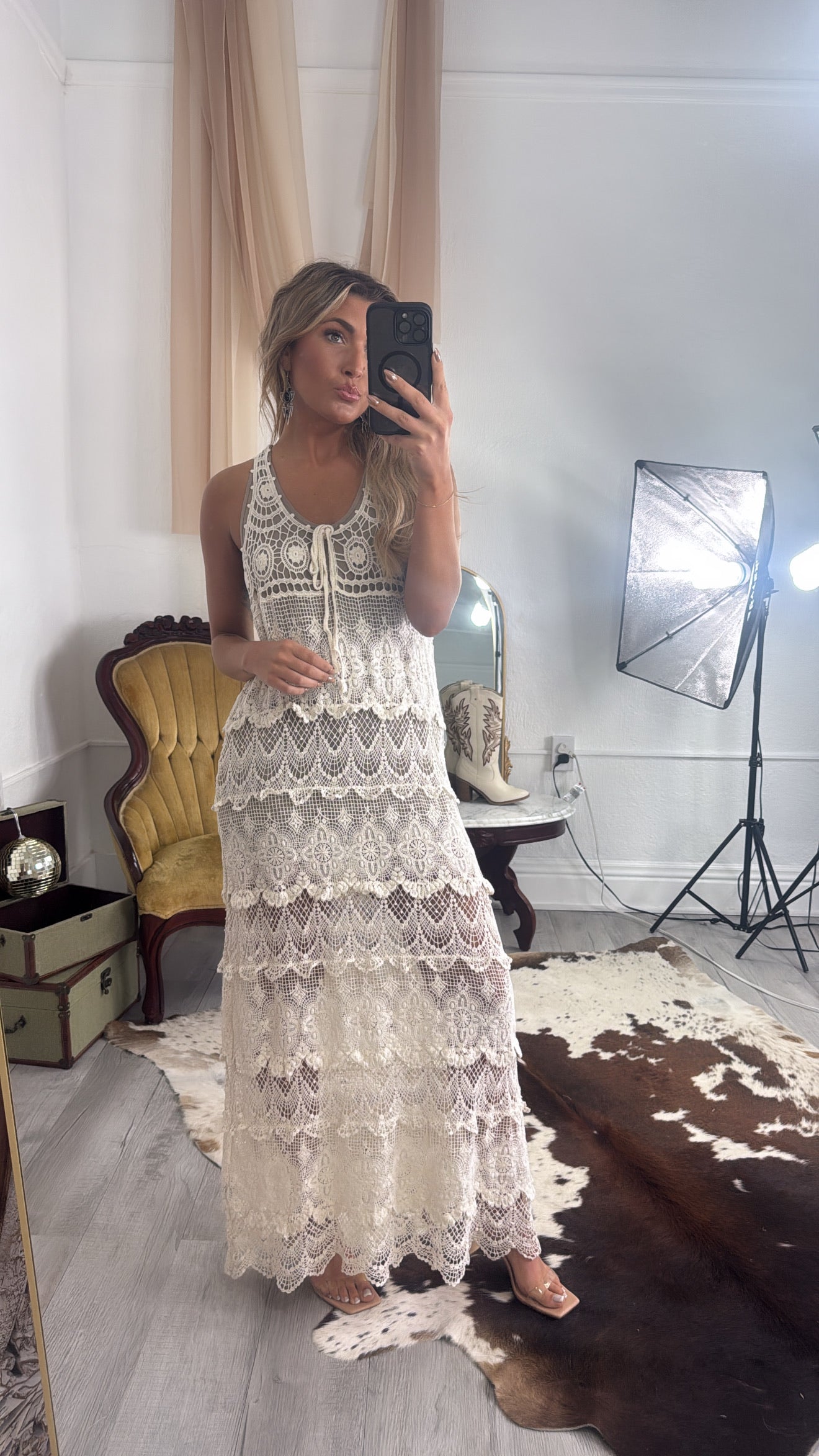 Into The Sun Crochet V Neck Maxi Dress, Natural
