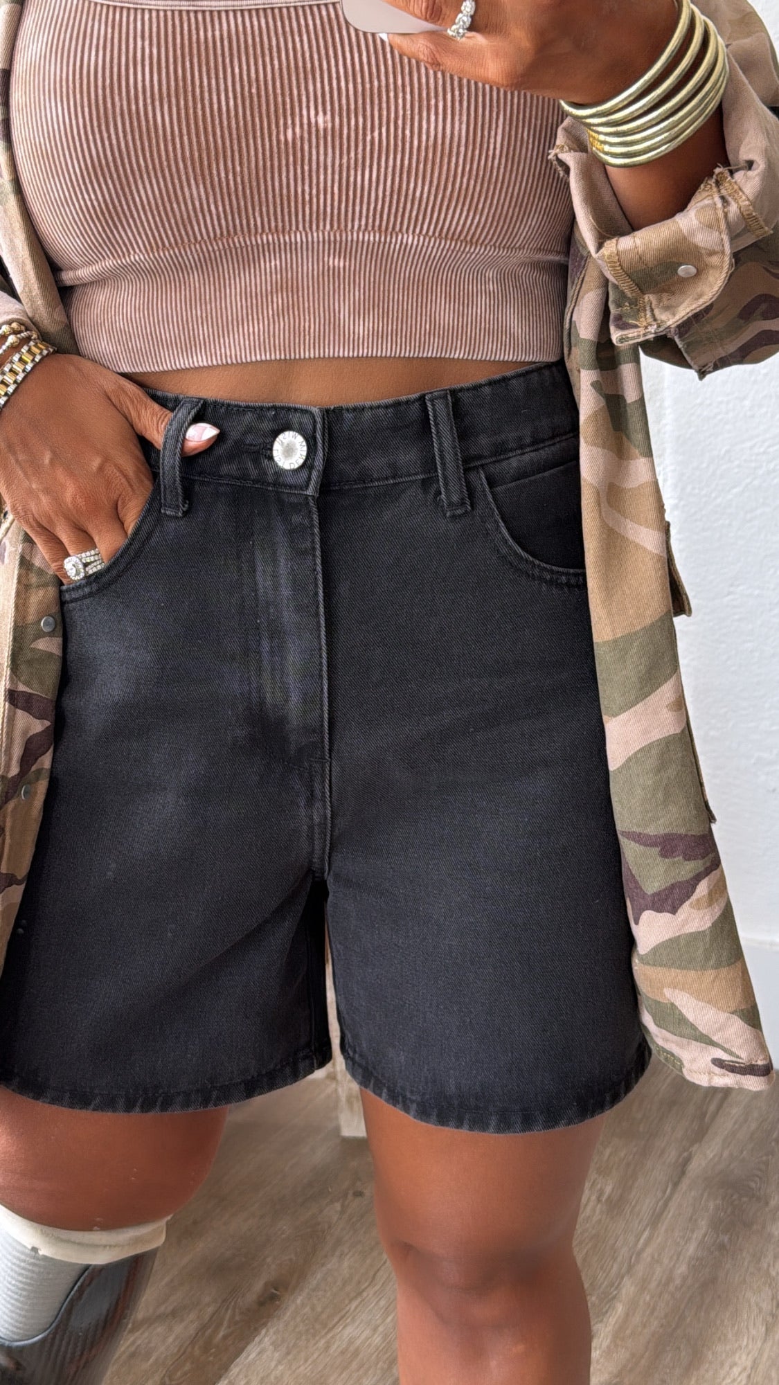 Daily Wear Denim Mom Shorts, Black