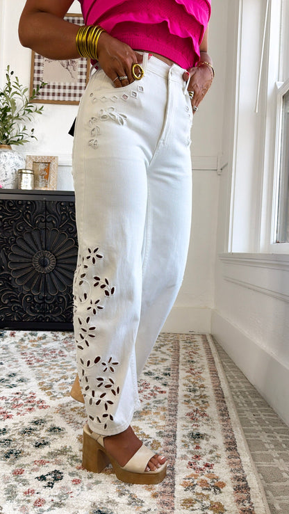 Eyelet Floral Barrel Jeans, White