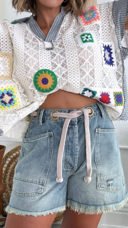 New Point Of View Braided Belt Shorts, Denim