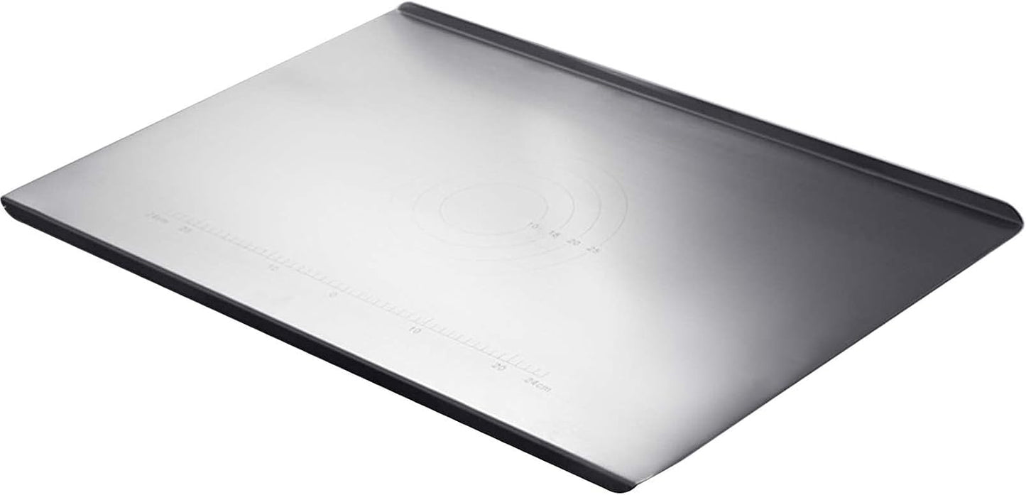 Heavy-duty stainless steel cutting board for the kitchen, with raised edges, non-slip surface, and knife protection