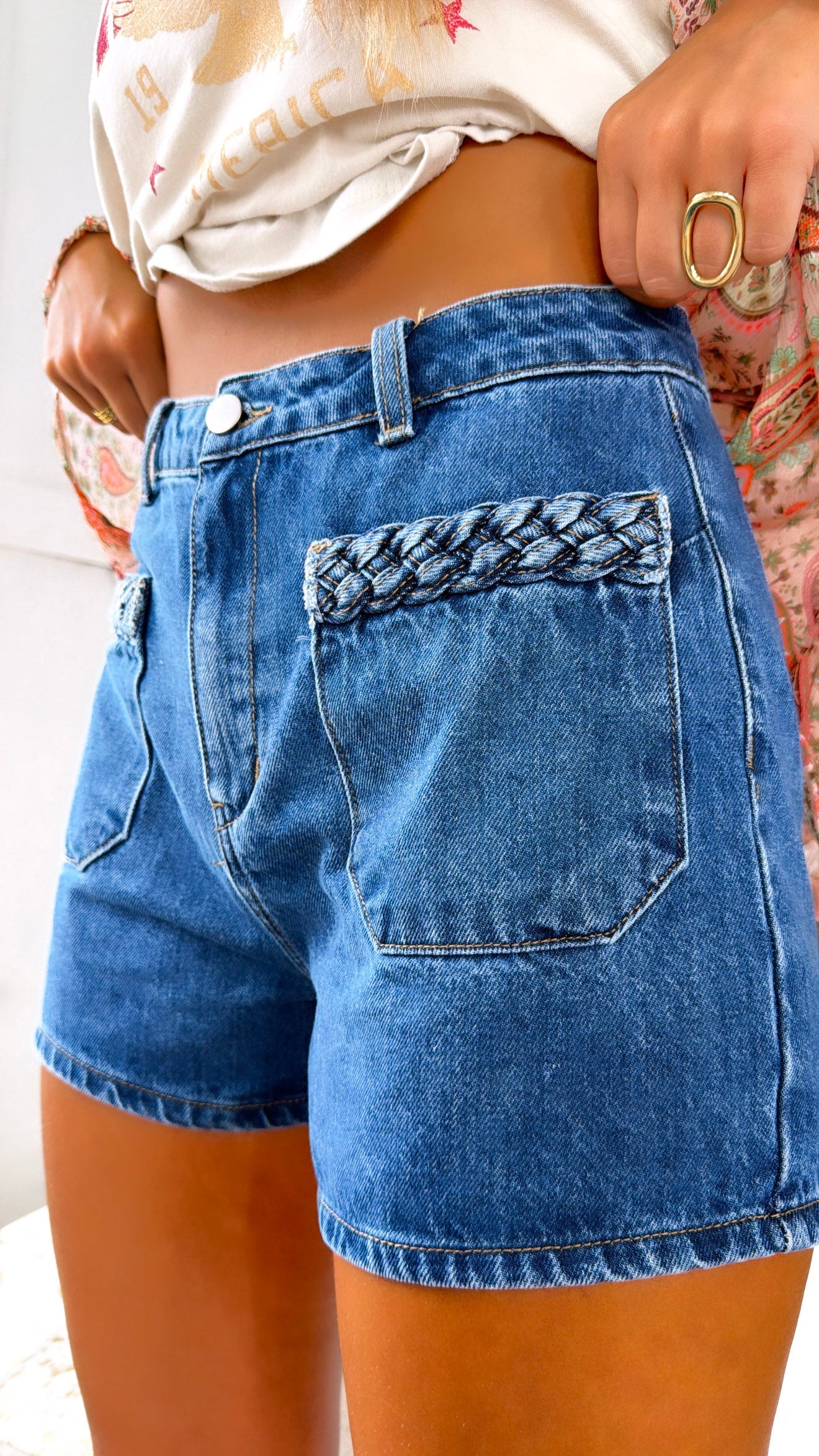 Braided Denim Shorts, Blue
