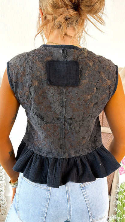 Dove Button Tank Top, Black