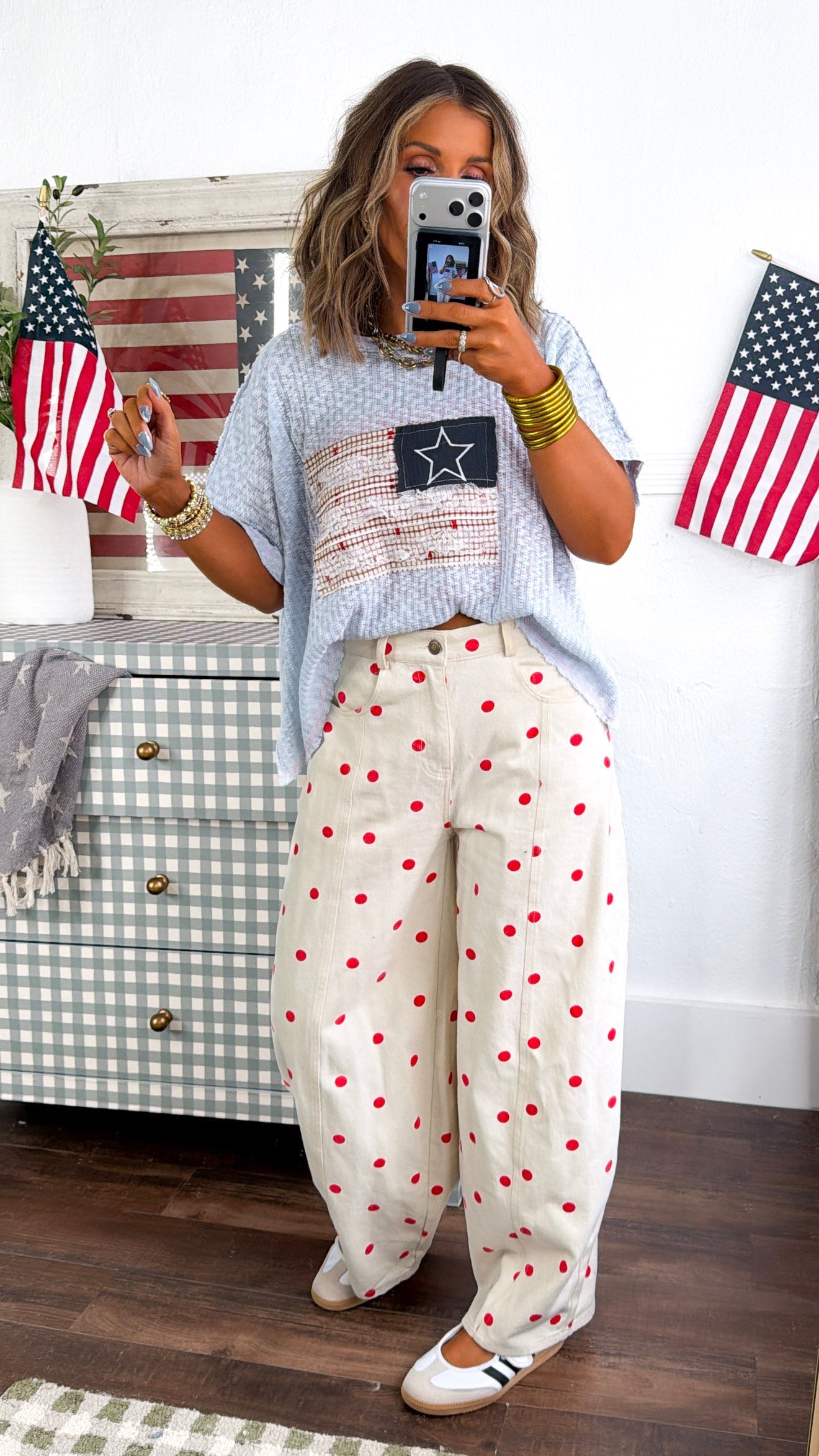 Polka Dot Princess Barrel Pant, Cream/ Red