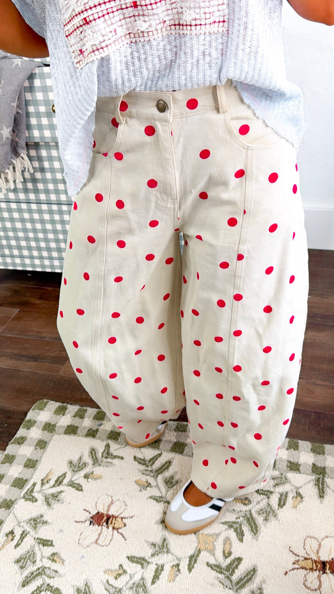 Polka Dot Princess Barrel Pant, Cream/ Red