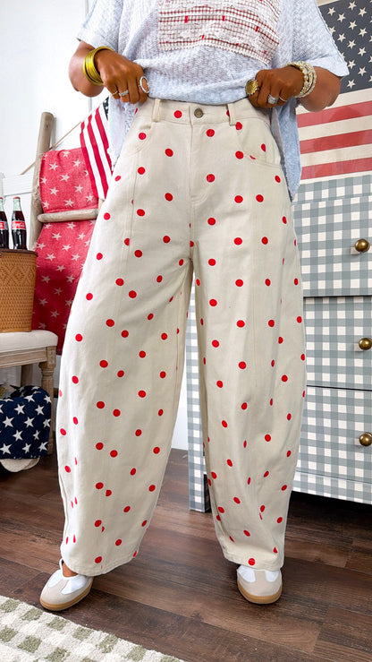 Polka Dot Princess Barrel Pant, Cream/ Red