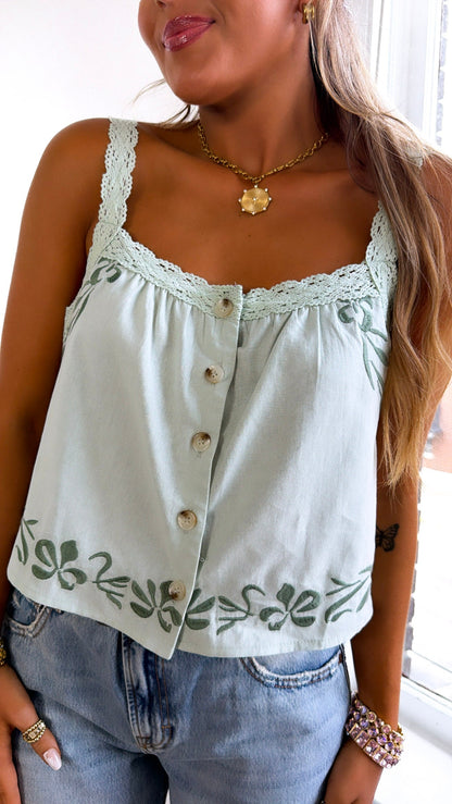 Antilles Embroidered Tank, Seafoam