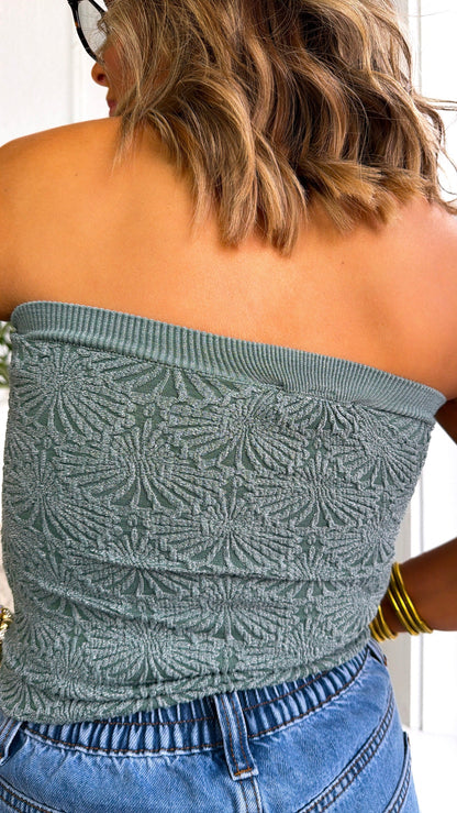 BY TOGETHER: All Bliss Floral Detail Strapless Tube Top, Dark Sage