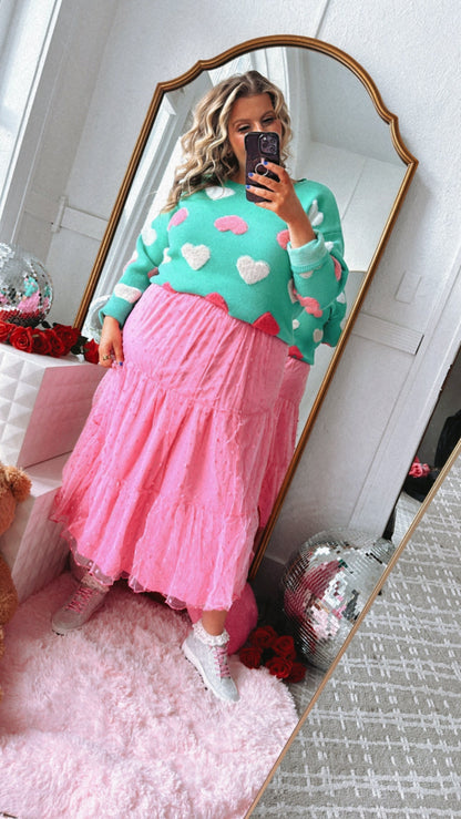 Mesh Dot Tiered Maxi Skirt, Fuchsia